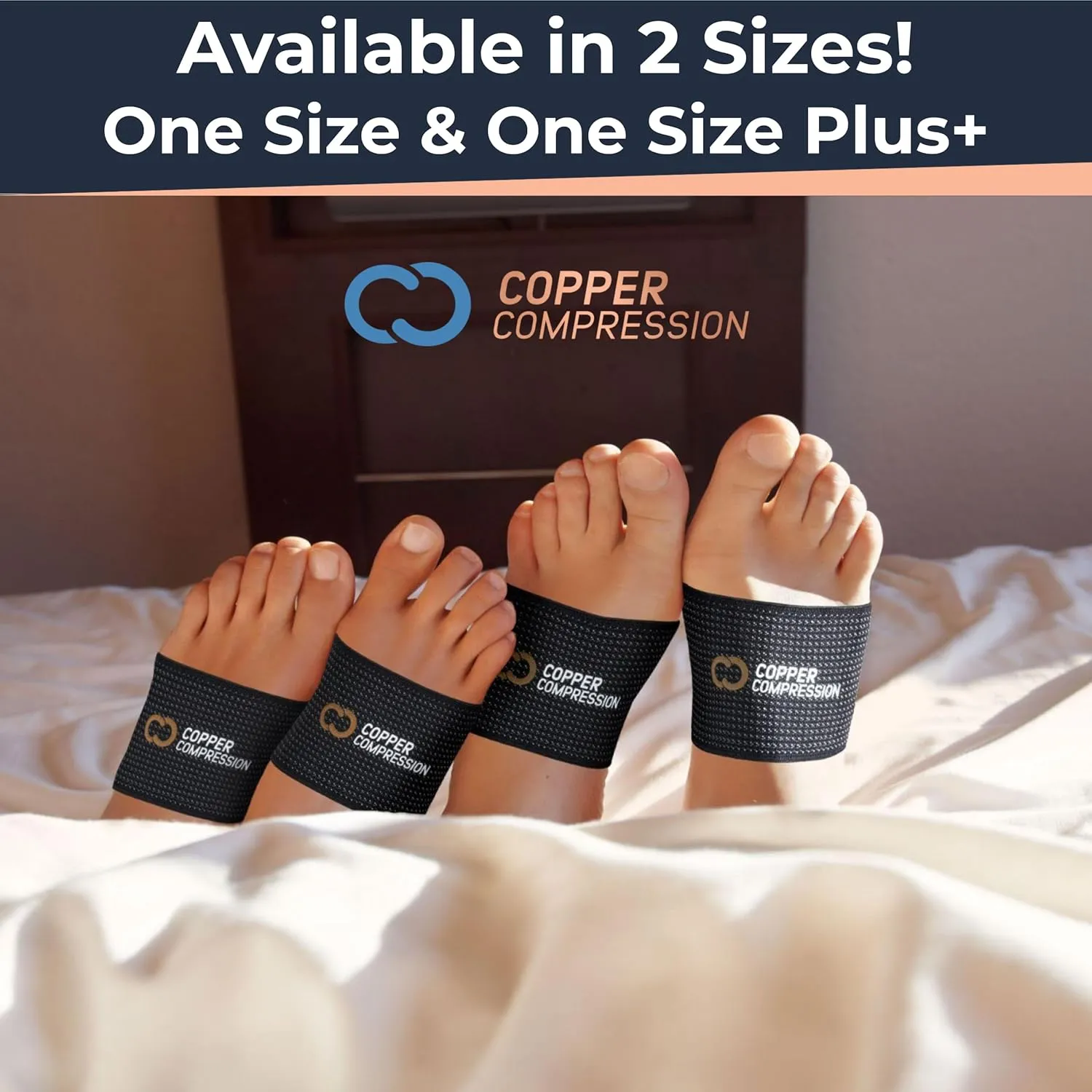 Copper Compression Copper Large Size Arch Support - 2 Pain Relief Foot Care Brace Sleeves for Plantar Fasciitis, Heel Spurs - Wider, Bigger Feet - Flat & Fallen Arches, High Arch - One Size Plus Black