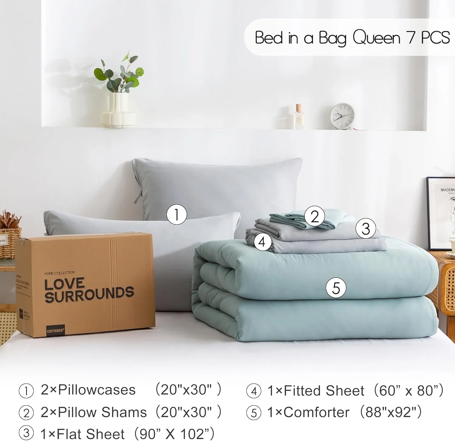 COTTEBED Super Soft King Bedding Sets with Comforter and Sheets - 7 Pieces King Bed in A Bag Modern Farmhouse Boho Washed Polycotton Sage Green Comforter and Grey Sheet Set Pillowcase Sham All Season