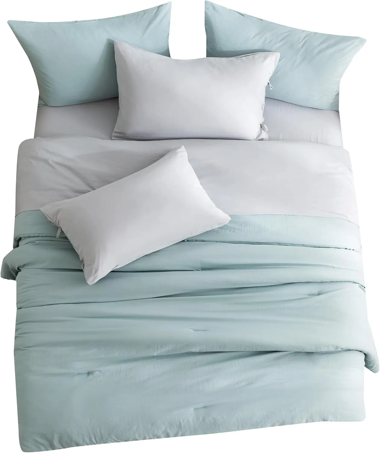COTTEBED Super Soft King Bedding Sets with Comforter and Sheets - 7 Pieces King Bed in A Bag Modern Farmhouse Boho Washed Polycotton Sage Green Comforter and Grey Sheet Set Pillowcase Sham All Season