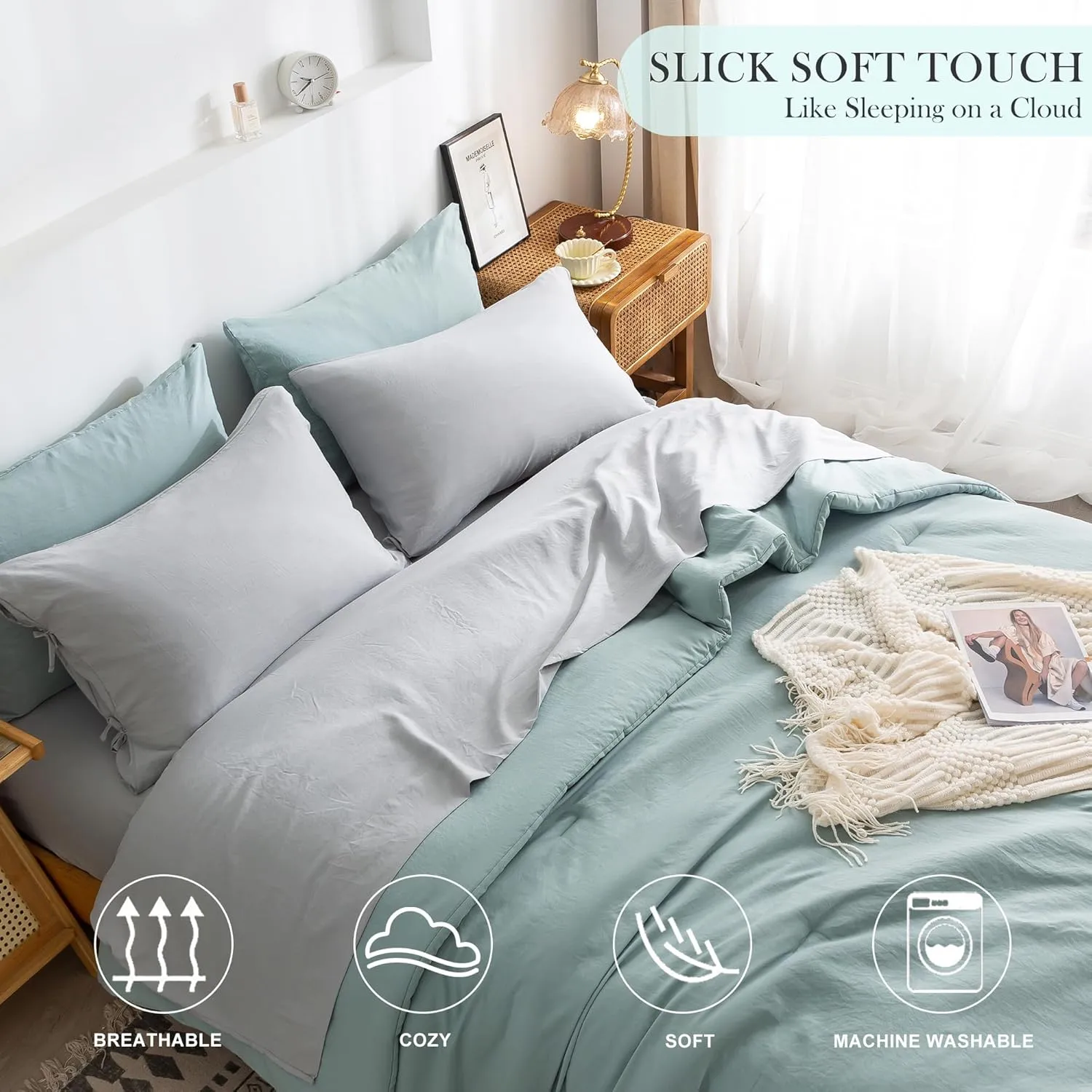 COTTEBED Super Soft King Bedding Sets with Comforter and Sheets - 7 Pieces King Bed in A Bag Modern Farmhouse Boho Washed Polycotton Sage Green Comforter and Grey Sheet Set Pillowcase Sham All Season