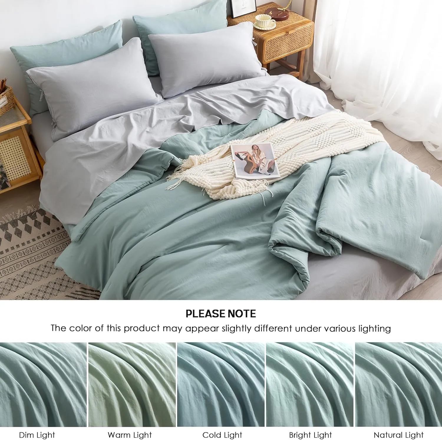 COTTEBED Super Soft King Bedding Sets with Comforter and Sheets - 7 Pieces King Bed in A Bag Modern Farmhouse Boho Washed Polycotton Sage Green Comforter and Grey Sheet Set Pillowcase Sham All Season