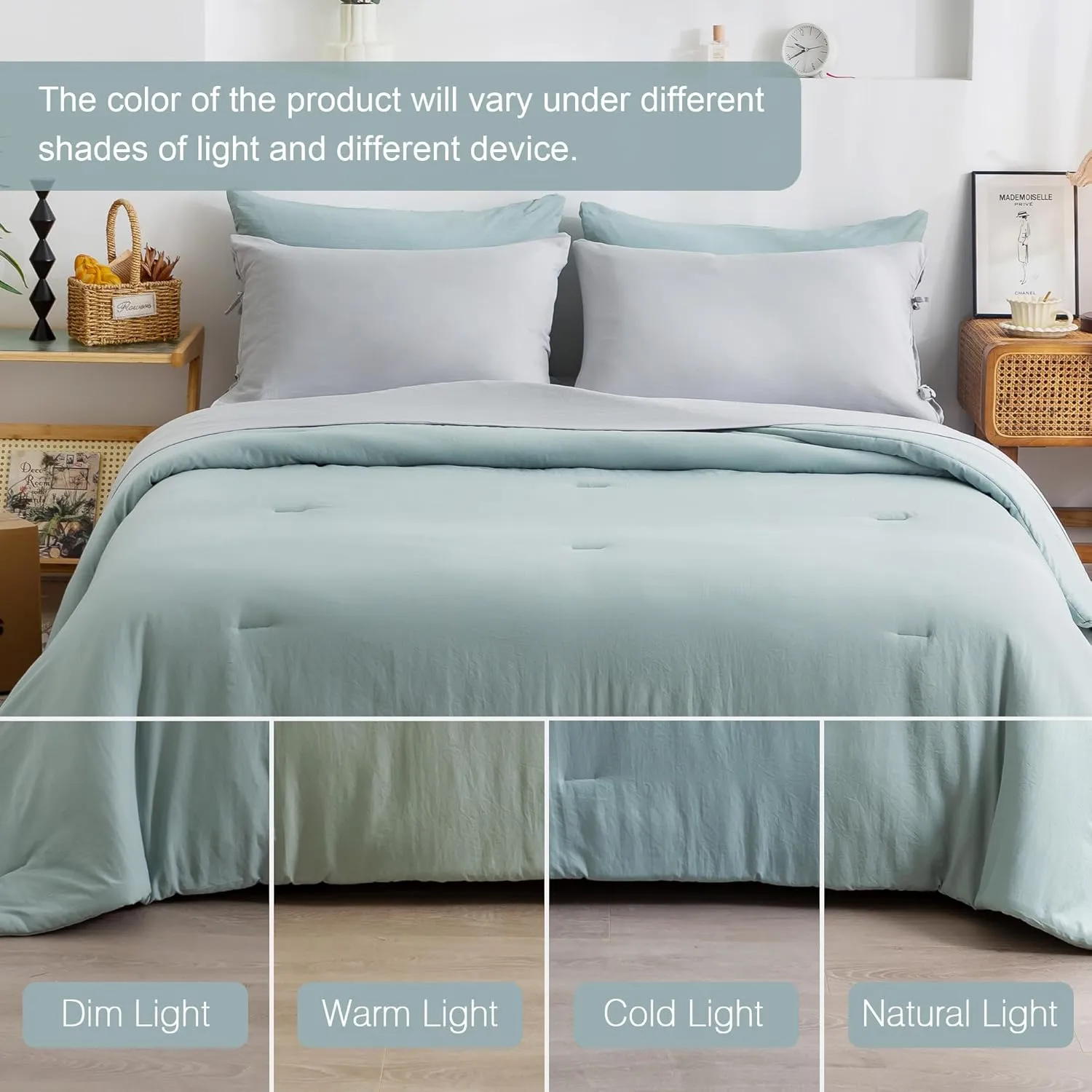 COTTEBED Super Soft King Bedding Sets with Comforter and Sheets - 7 Pieces King Bed in A Bag Modern Farmhouse Boho Washed Polycotton Sage Green Comforter and Grey Sheet Set Pillowcase Sham All Season