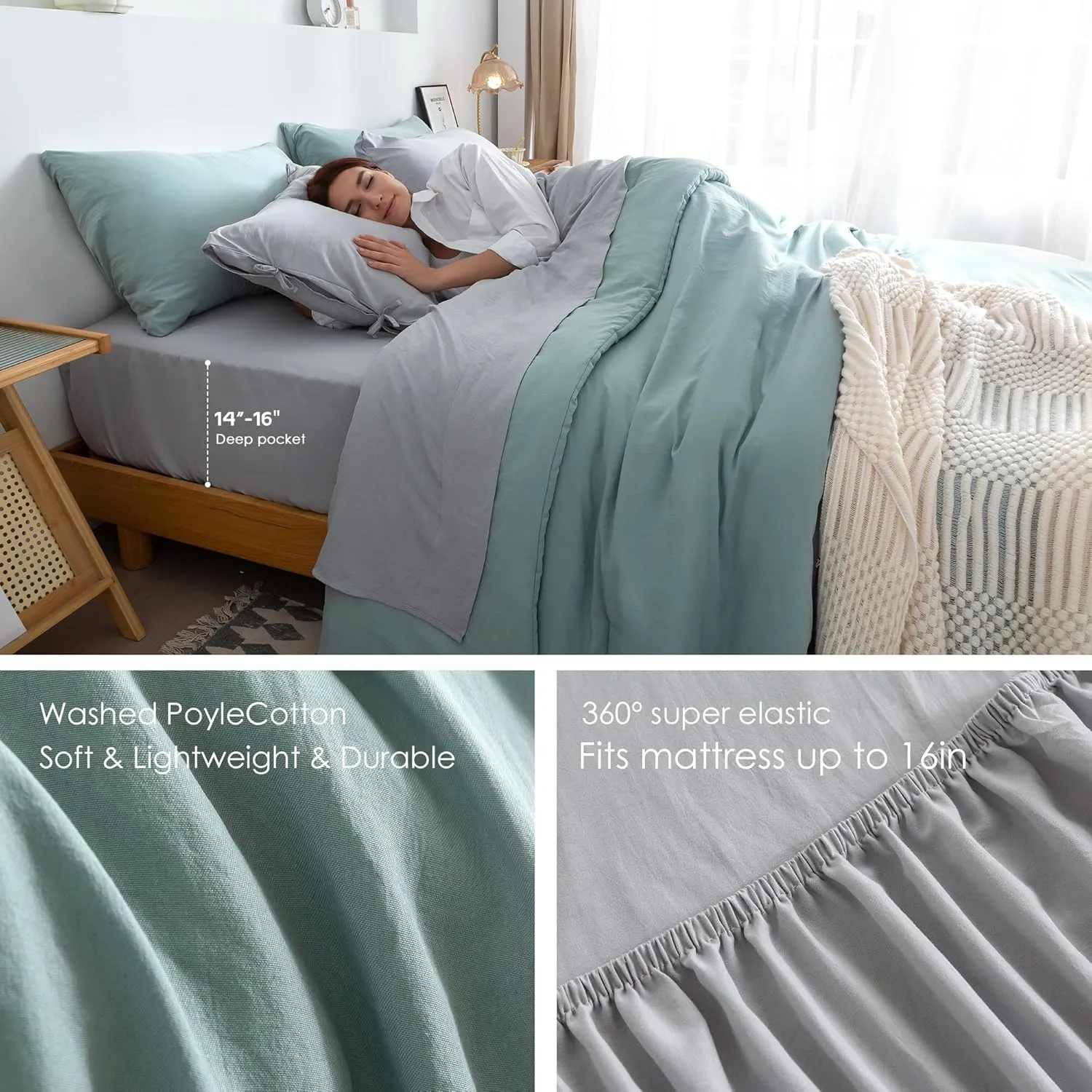 COTTEBED Super Soft King Bedding Sets with Comforter and Sheets - 7 Pieces King Bed in A Bag Modern Farmhouse Boho Washed Polycotton Sage Green Comforter and Grey Sheet Set Pillowcase Sham All Season
