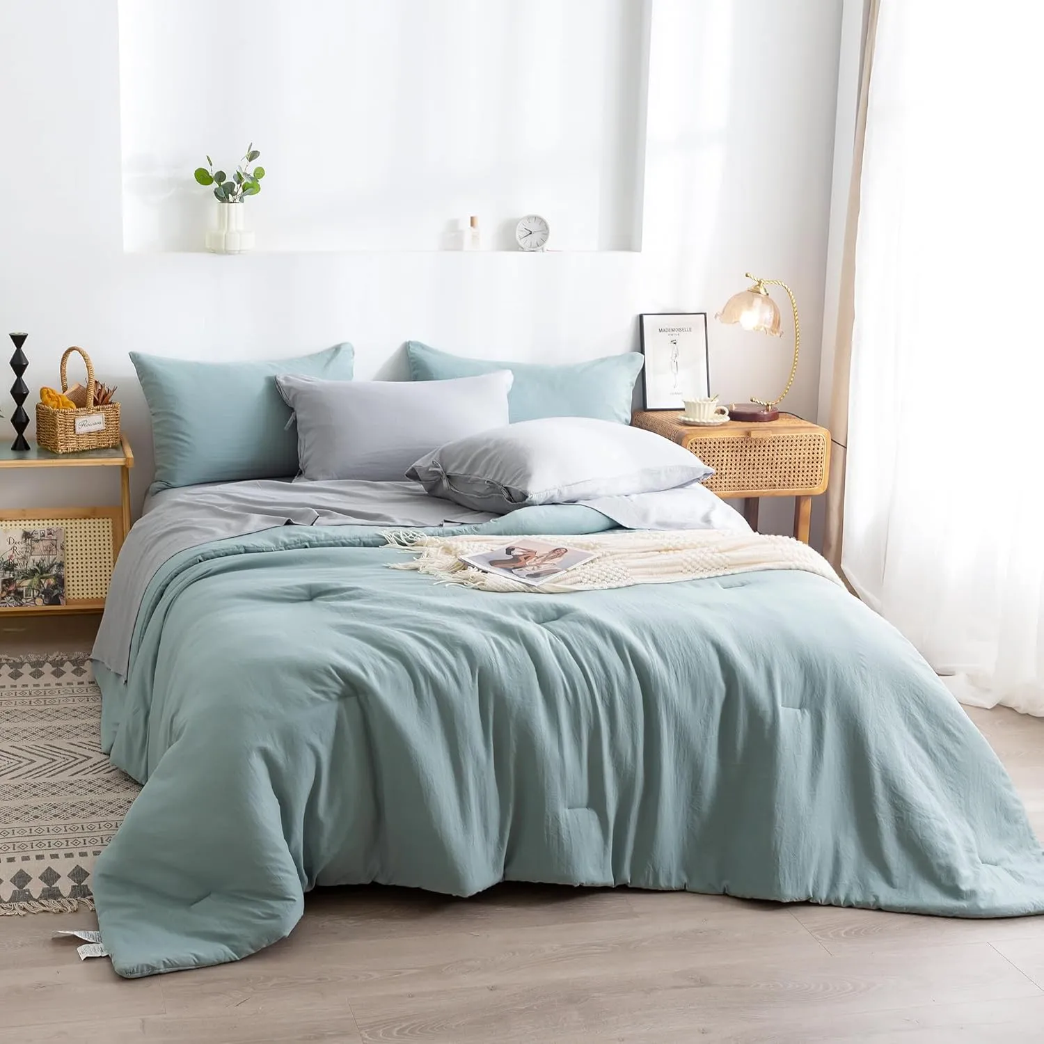 COTTEBED Super Soft King Bedding Sets with Comforter and Sheets - 7 Pieces King Bed in A Bag Modern Farmhouse Boho Washed Polycotton Sage Green Comforter and Grey Sheet Set Pillowcase Sham All Season