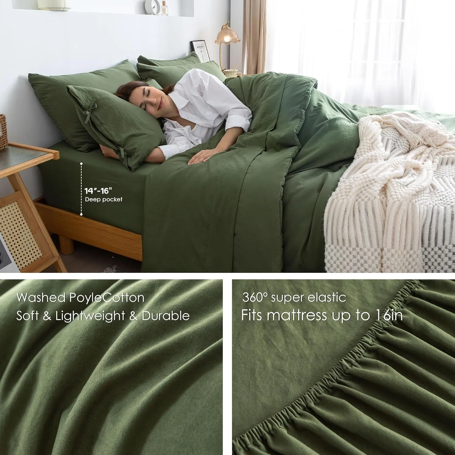 COTTEBED Ultra-Soft California King Comforter Sets with Sheets - 7 Pieces BED IN A BAG Comfy Farmhouse Boho Washed PolyCotton Comforter Bedding Fitted Sheet Set Pillow Case All Season Dark Olive Green