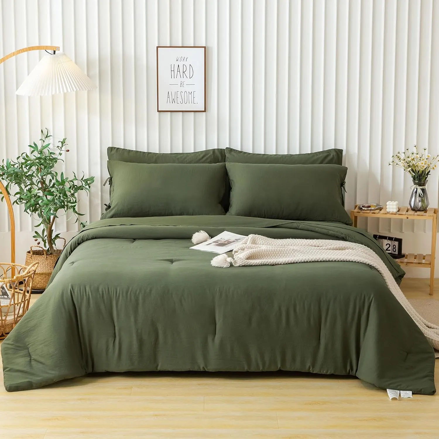 COTTEBED Ultra-Soft California King Comforter Sets with Sheets - 7 Pieces BED IN A BAG Comfy Farmhouse Boho Washed PolyCotton Comforter Bedding Fitted Sheet Set Pillow Case All Season Dark Olive Green