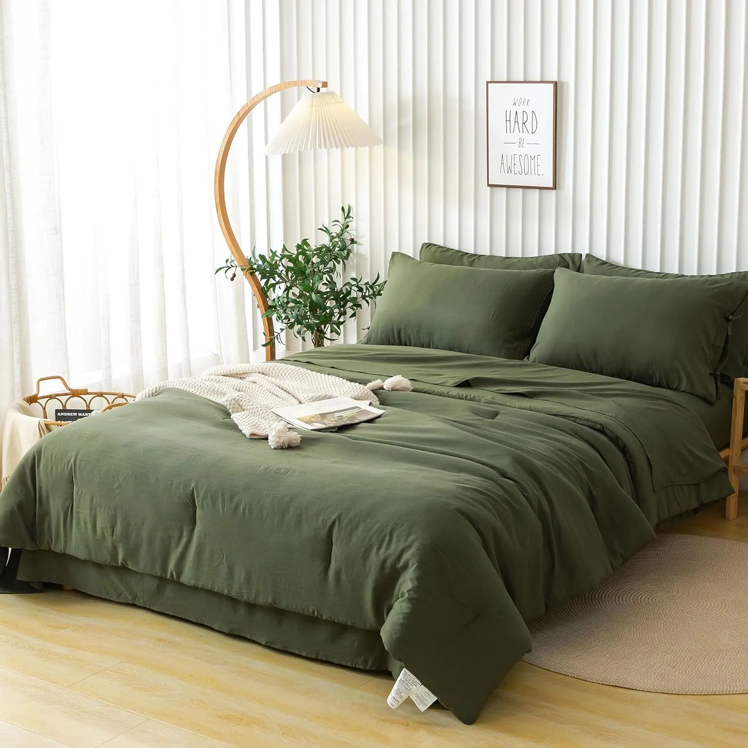 COTTEBED Ultra-Soft California King Comforter Sets with Sheets - 7 Pieces BED IN A BAG Comfy Farmhouse Boho Washed PolyCotton Comforter Bedding Fitted Sheet Set Pillow Case All Season Dark Olive Green