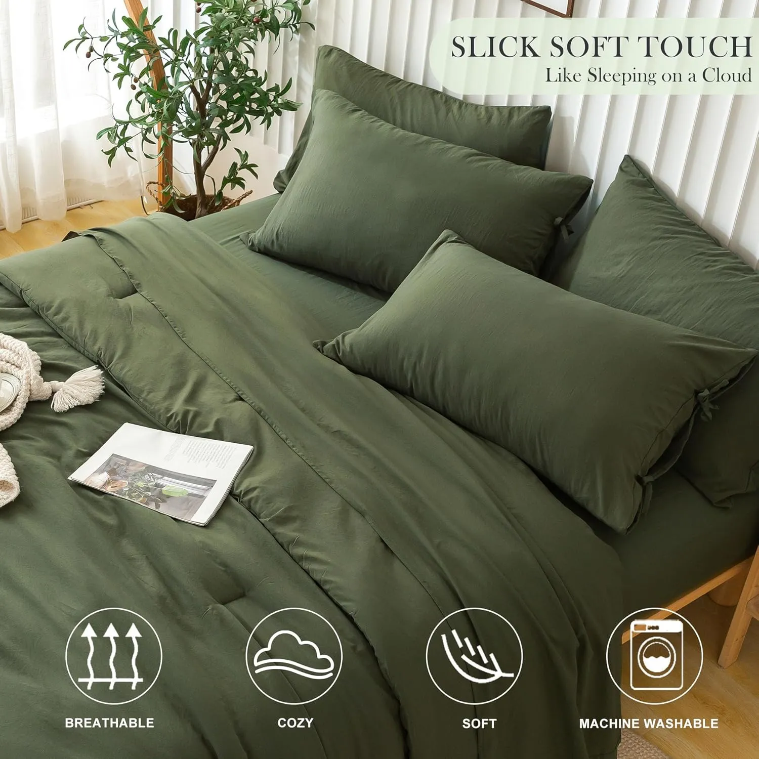 COTTEBED Ultra-Soft California King Comforter Sets with Sheets - 7 Pieces BED IN A BAG Comfy Farmhouse Boho Washed PolyCotton Comforter Bedding Fitted Sheet Set Pillow Case All Season Dark Olive Green