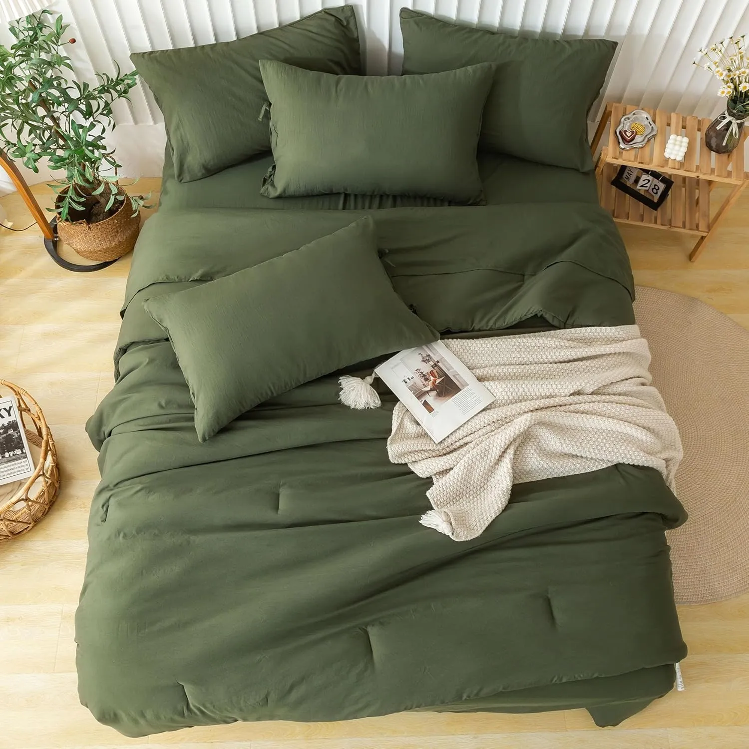 COTTEBED Ultra-Soft California King Comforter Sets with Sheets - 7 Pieces BED IN A BAG Comfy Farmhouse Boho Washed PolyCotton Comforter Bedding Fitted Sheet Set Pillow Case All Season Dark Olive Green