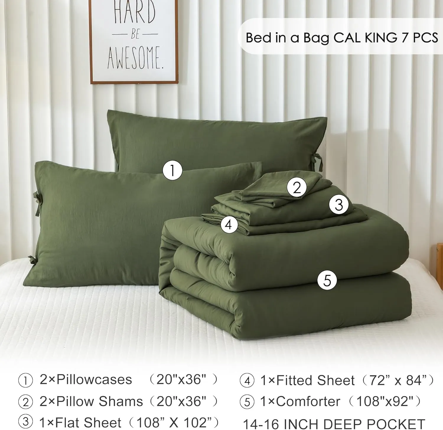 COTTEBED Ultra-Soft California King Comforter Sets with Sheets - 7 Pieces BED IN A BAG Comfy Farmhouse Boho Washed PolyCotton Comforter Bedding Fitted Sheet Set Pillow Case All Season Dark Olive Green