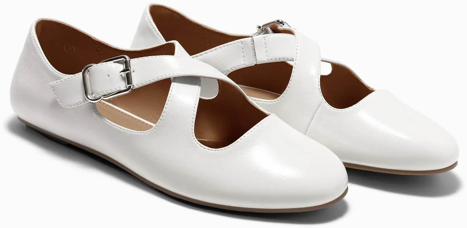 Coutgo Women's Ballet Flats Comfortable Closed Round Toe Criss Cross Ankle Strap Dress Dance Flat Shoes
