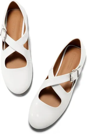 Coutgo Women's Ballet Flats Comfortable Closed Round Toe Criss Cross Ankle Strap Dress Dance Flat Shoes