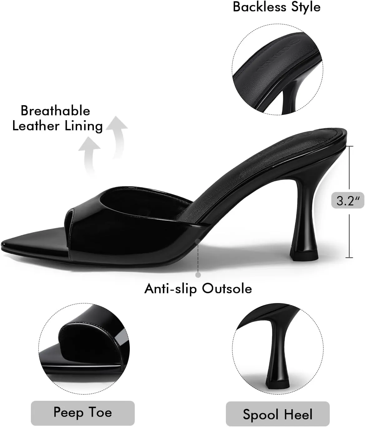 Coutgo Womens Heeled Mules Pointed Peep Toe High Heels Slip On Backless Mule Sandals Dress Shoes