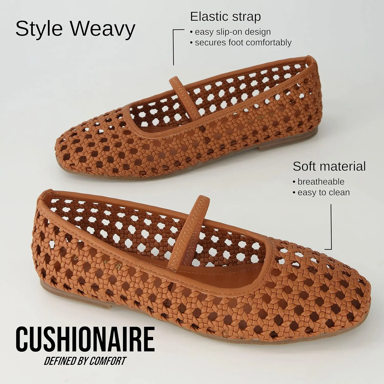 CUSHIONAIRE Weavy Squared Toe Woven Ballet Flats Shoes for Women with Memory Foam | Comfortable Mary Jane Flats for Women with Breathable Mesh Design | Wide Widths Available