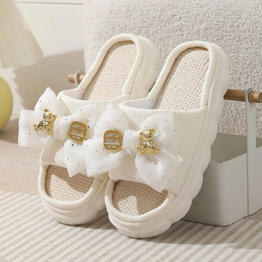 Cute Bow Linen Lightweight Slippers for Women Memory Foam Open Toe Slide Ladies Anti-Skid Thick Sole House Shoes for Indoor Outdoor