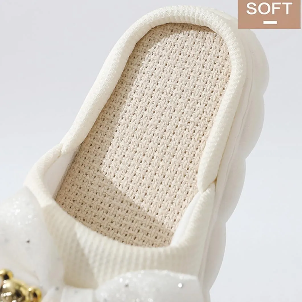 Cute Bow Linen Lightweight Slippers for Women Memory Foam Open Toe Slide Ladies Anti-Skid Thick Sole House Shoes for Indoor Outdoor