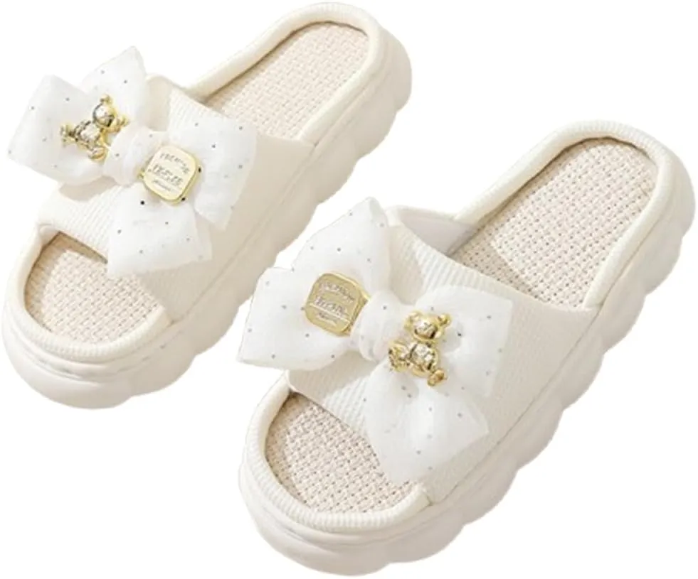 Cute Bow Linen Lightweight Slippers for Women Memory Foam Open Toe Slide Ladies Anti-Skid Thick Sole House Shoes for Indoor Outdoor