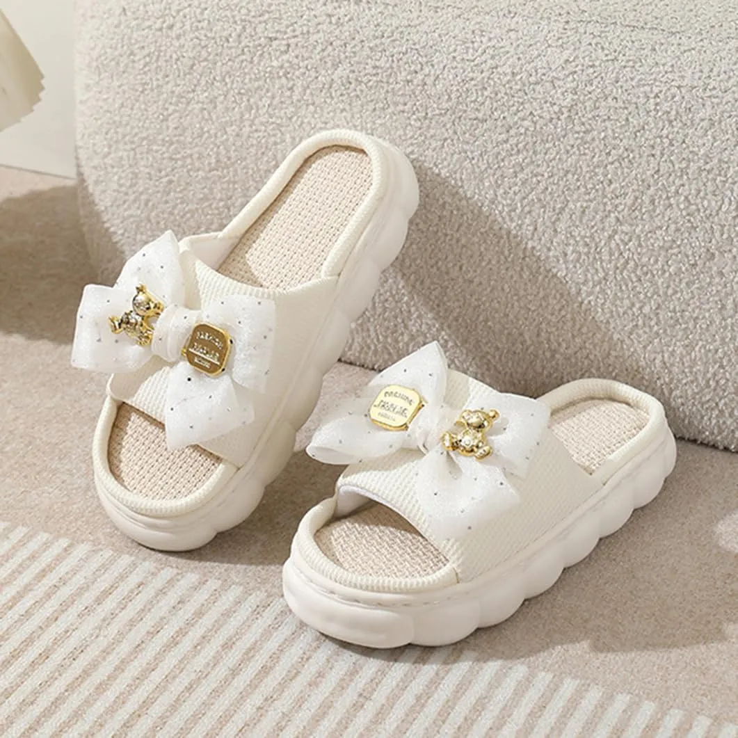 Cute Bow Linen Lightweight Slippers for Women Memory Foam Open Toe Slide Ladies Anti-Skid Thick Sole House Shoes for Indoor Outdoor