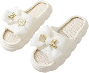 Cute Bow Linen Lightweight Slippers for Women Memory Foam Open Toe Slide Ladies Anti-Skid Thick Sole House Shoes for Indoor Outdoor