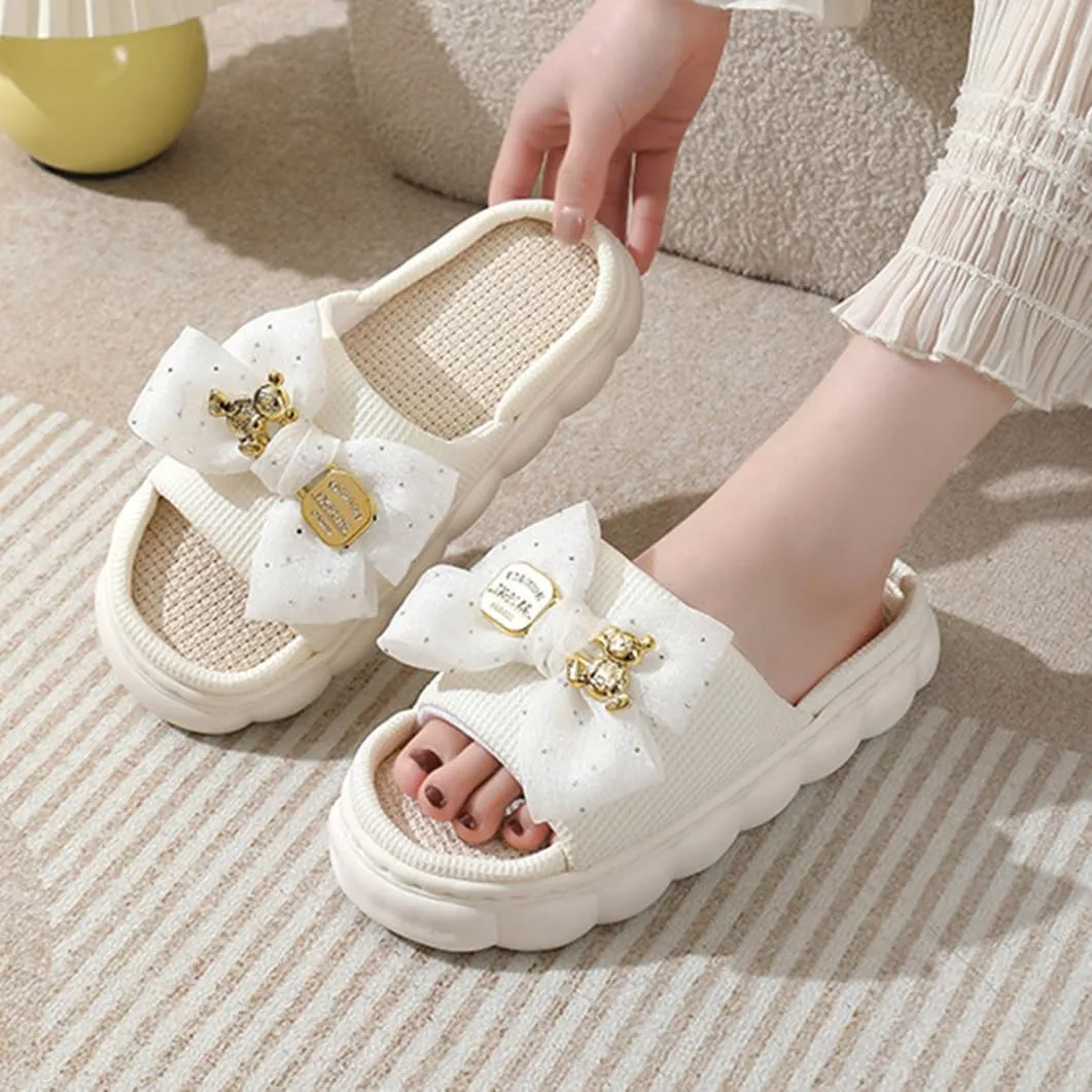 Cute Bow Linen Lightweight Slippers for Women Memory Foam Open Toe Slide Ladies Anti-Skid Thick Sole House Shoes for Indoor Outdoor