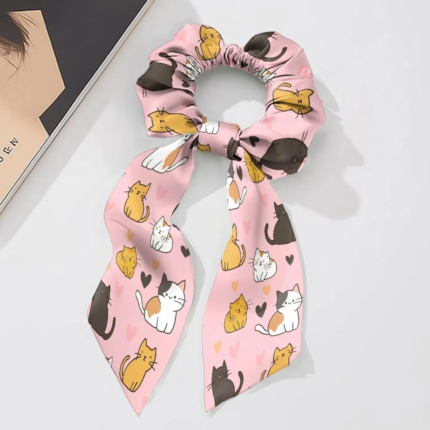 Cute Cat Satin Scrunchies Pink Bow Hair Ties with Long Tails Fashion Hair Ribbons for Girls for Party Hair Accessories Set of 2 Knotted Hair Bow for Thick Thin Hair Curly Hair