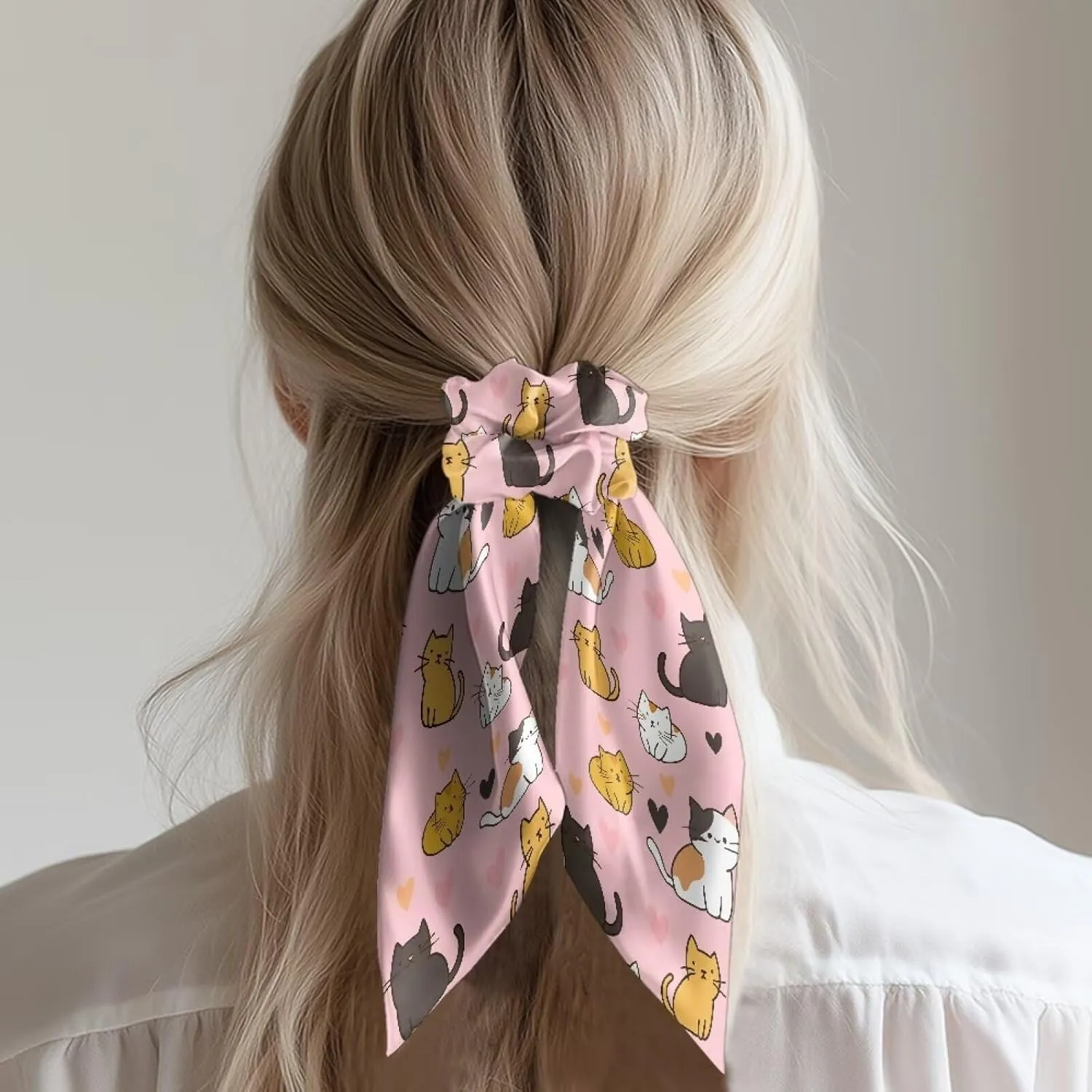 Cute Cat Satin Scrunchies Pink Bow Hair Ties with Long Tails Fashion Hair Ribbons for Girls for Party Hair Accessories Set of 2 Knotted Hair Bow for Thick Thin Hair Curly Hair