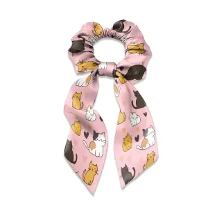 Cute Cat Satin Scrunchies Pink Bow Hair Ties with Long Tails Fashion Hair Ribbons for Girls for Party Hair Accessories Set of 2 Knotted Hair Bow for Thick Thin Hair Curly Hair
