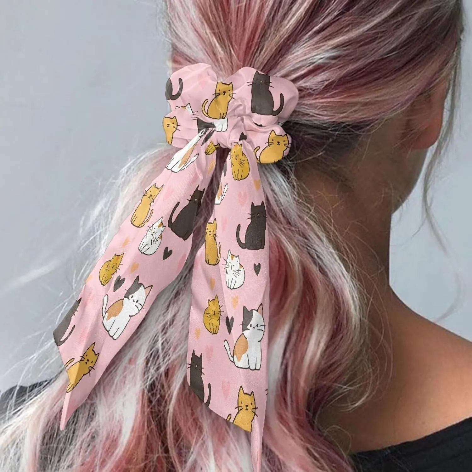 Cute Cat Satin Scrunchies Pink Bow Hair Ties with Long Tails Fashion Hair Ribbons for Girls for Party Hair Accessories Set of 2 Knotted Hair Bow for Thick Thin Hair Curly Hair
