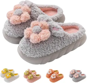 Cute Floral Fuzzy Slippers for Women Flower Womens Slippers Indoor Outdoor Slippers with Plush Soft Lining Memory Foam House Slippers Platform Slippers