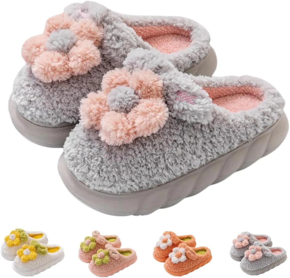 Cute Floral Fuzzy Slippers for Women Flower Womens Slippers Indoor Outdoor Slippers with Plush Soft Lining Memory Foam House Slippers Platform Slippers