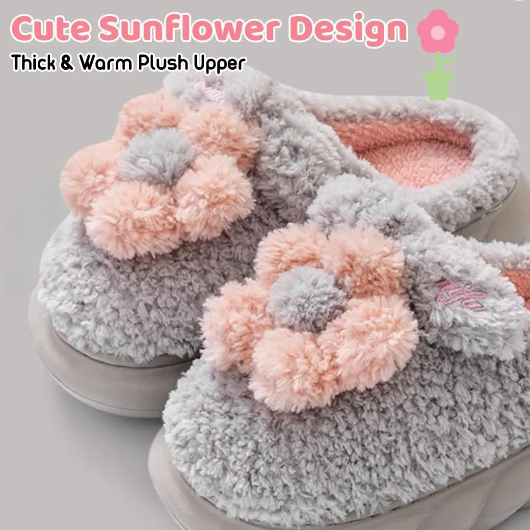 Cute Floral Fuzzy Slippers for Women Flower Womens Slippers Indoor Outdoor Slippers with Plush Soft Lining Memory Foam House Slippers Platform Slippers