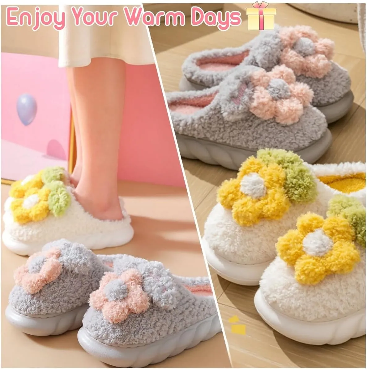 Cute Floral Fuzzy Slippers for Women Flower Womens Slippers Indoor Outdoor Slippers with Plush Soft Lining Memory Foam House Slippers Platform Slippers