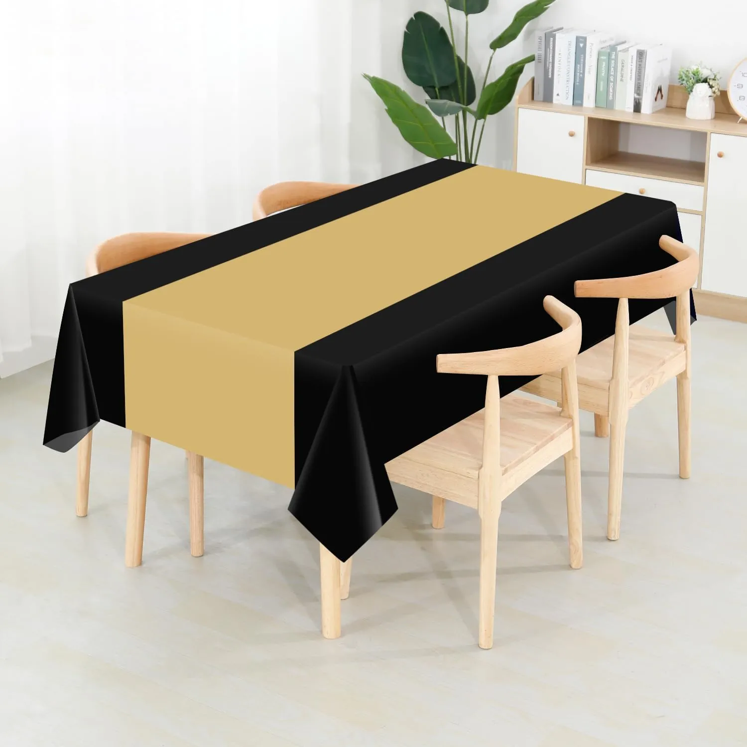CXPSINC Plastic Table Cover Roll with Slide Cutter, Disposable Tablecloth Roll for Picnic, Party, Banquet, Birthdays, Weddings (Black & Gold, 54 Inch X 300 Feet)