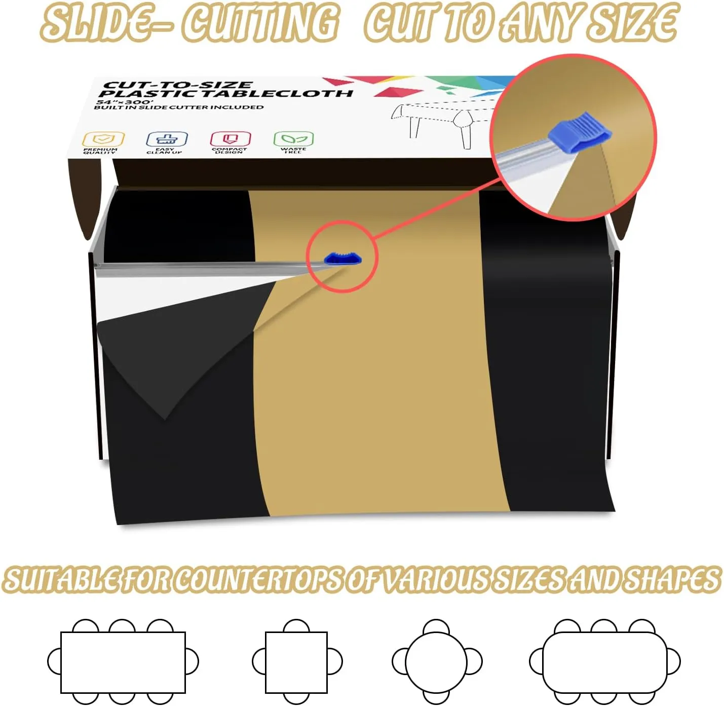 CXPSINC Plastic Table Cover Roll with Slide Cutter, Disposable Tablecloth Roll for Picnic, Party, Banquet, Birthdays, Weddings (Black & Gold, 54 Inch X 300 Feet)