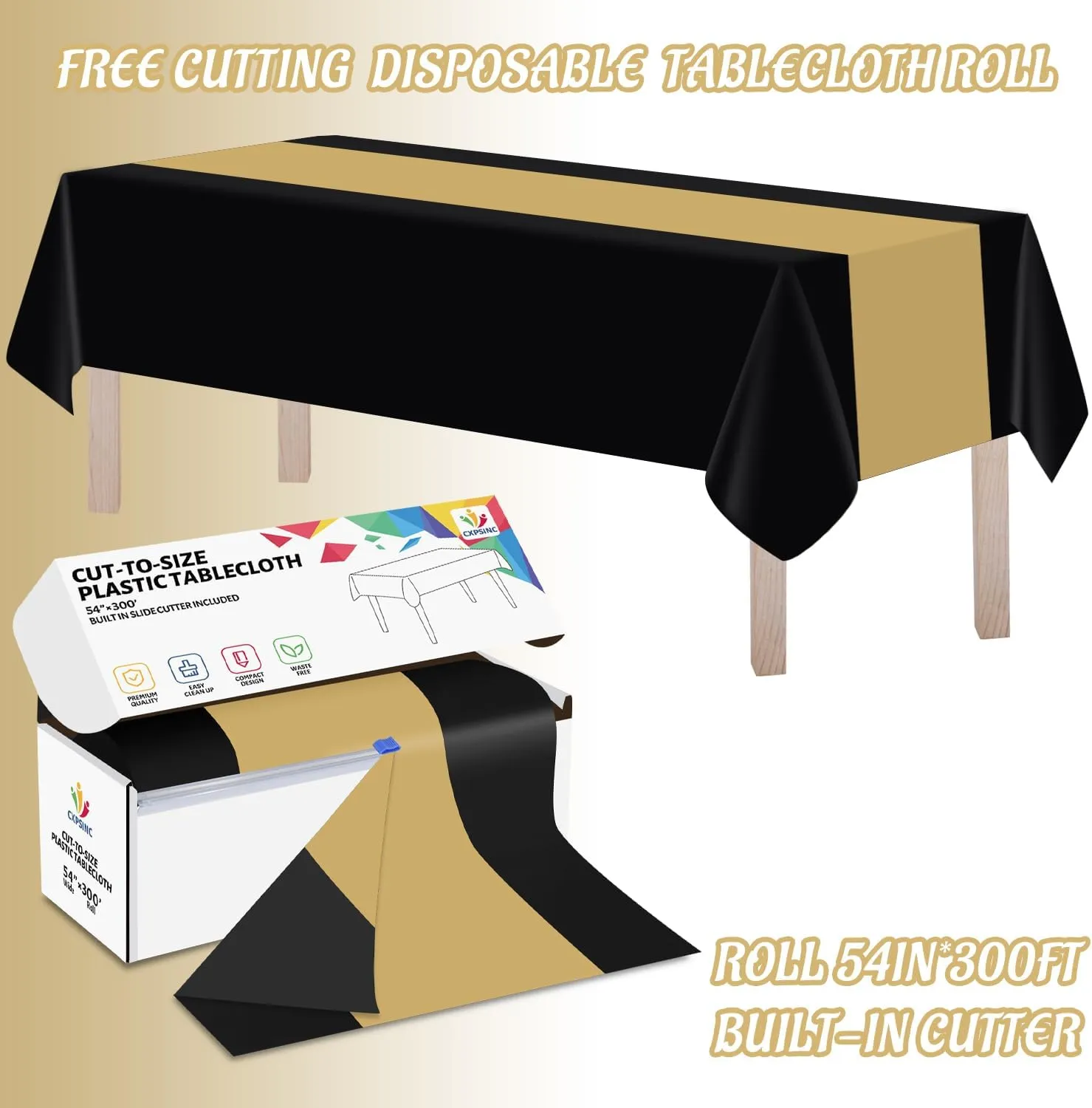 CXPSINC Plastic Table Cover Roll with Slide Cutter, Disposable Tablecloth Roll for Picnic, Party, Banquet, Birthdays, Weddings (Black & Gold, 54 Inch X 300 Feet)