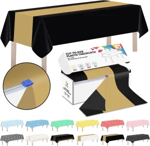 CXPSINC Plastic Table Cover Roll with Slide Cutter, Disposable Tablecloth Roll for Picnic, Party, Banquet, Birthdays, Weddings (Black & Gold, 54 Inch X 300 Feet)