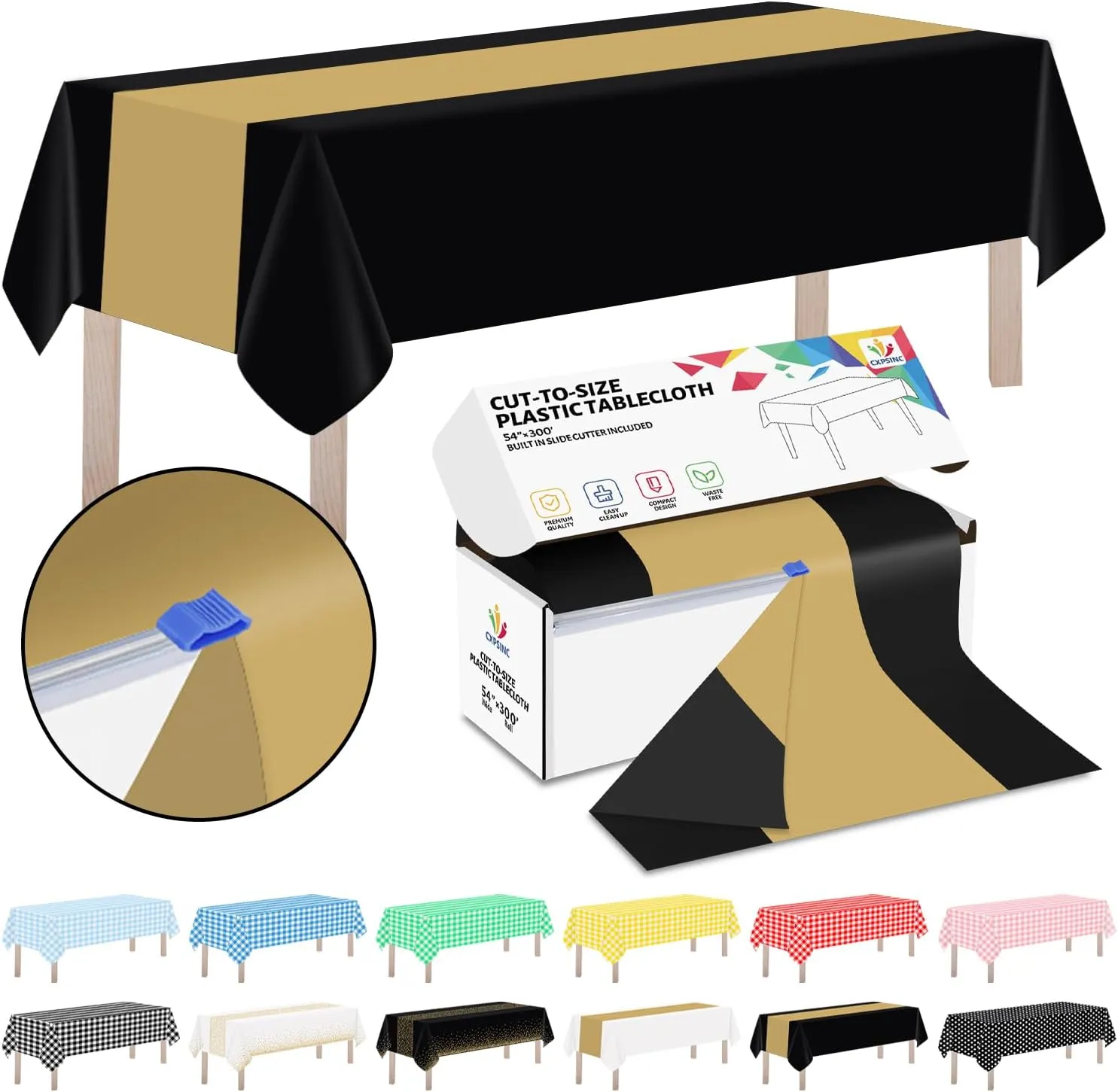 CXPSINC Plastic Table Cover Roll with Slide Cutter, Disposable Tablecloth Roll for Picnic, Party, Banquet, Birthdays, Weddings (Black & Gold, 54 Inch X 300 Feet)