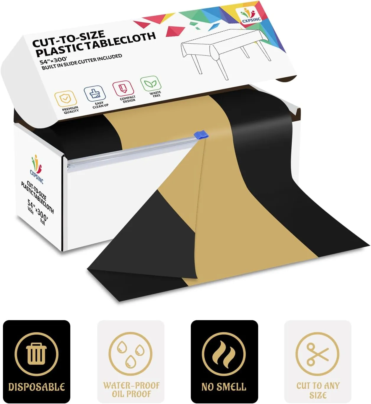 CXPSINC Plastic Table Cover Roll with Slide Cutter, Disposable Tablecloth Roll for Picnic, Party, Banquet, Birthdays, Weddings (Black & Gold, 54 Inch X 300 Feet)