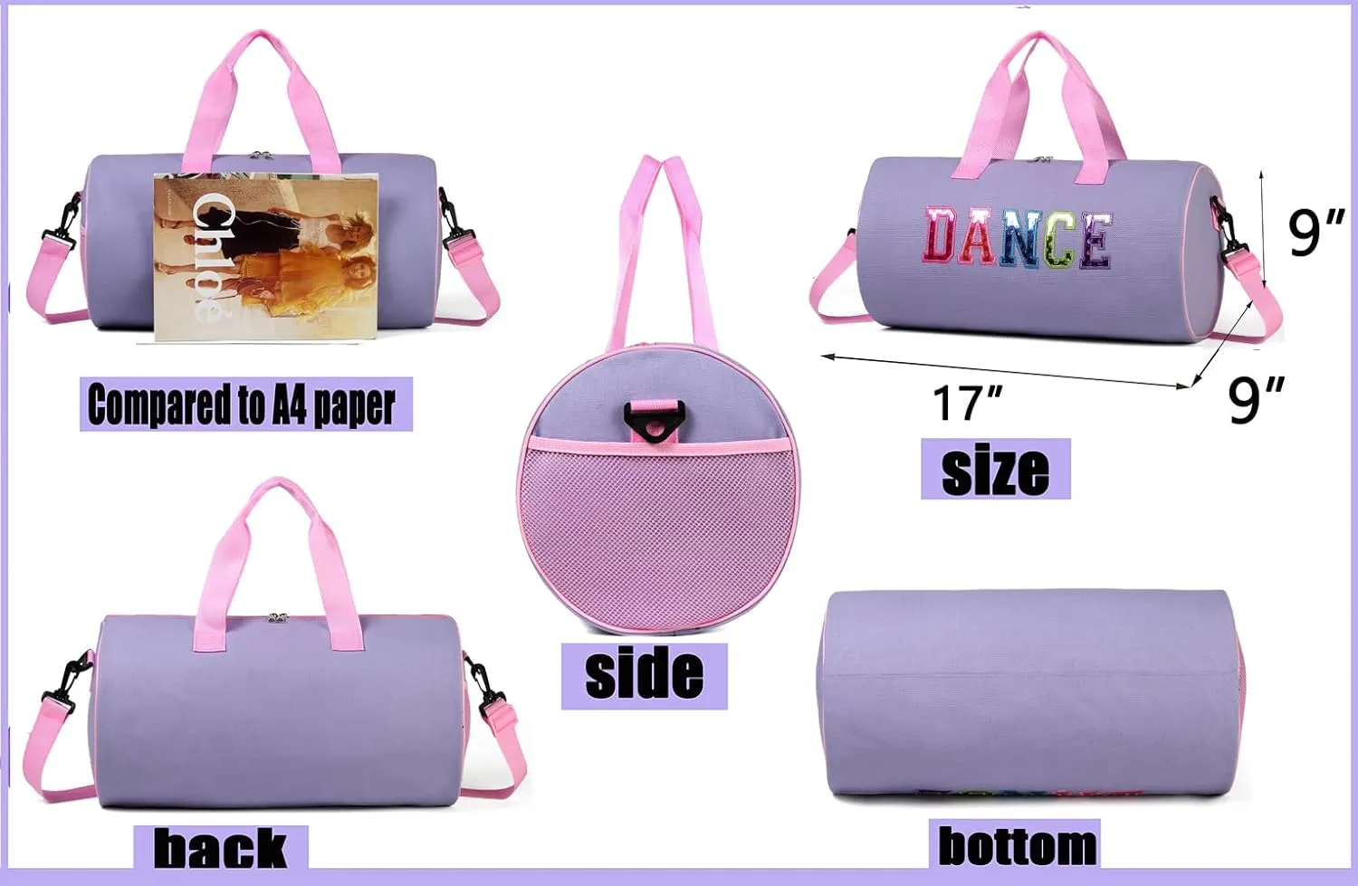 Dance Duffle Bag for Girls, Kids Toy Storage Bag,Weekend Bag,Overnight Bag,Gymnastics bag 17"Lx9"Wx9"H (Light purple)