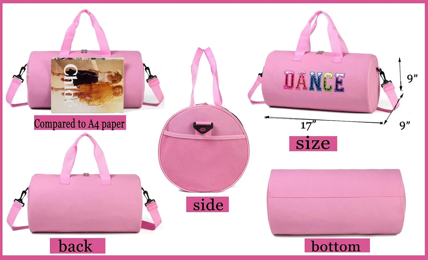 Dance Duffle Bag for Girls, Kids Toy Storage Bag,Weekend Bag,Overnight Bag,Gymnastics bag 17"Lx9"Wx9"H (Pink)