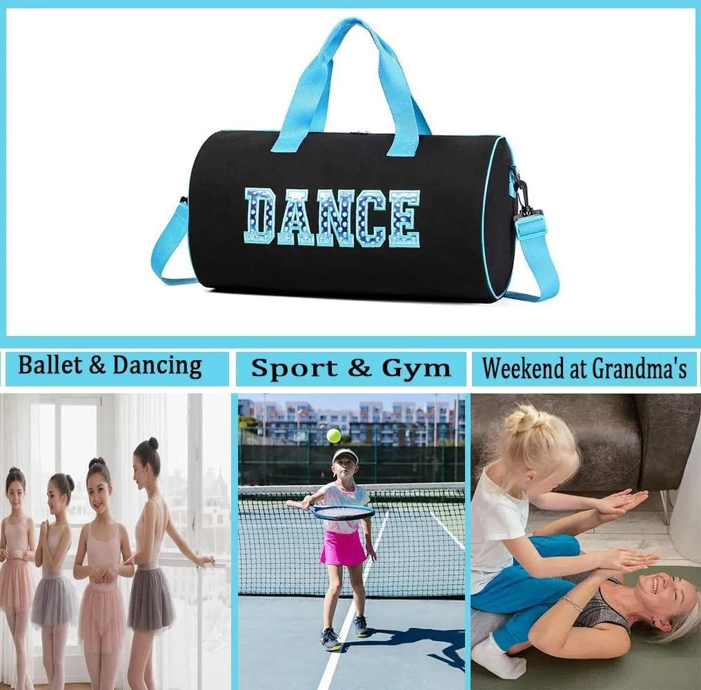 Dance Duffle Bag for Girls, Kids Toy Storage Bag,Weekend Bag,Overnight Bag,Gymnastics bag 17""Lx9""Wx9""H (Blue set-clear letter bag)