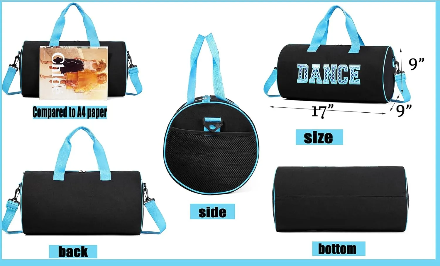 Dance Duffle for Girls - Competition, Weekend, Overnight, Gymnastics Bag - Gift for Kids 17"Lx9"Wx9"H (Blue)