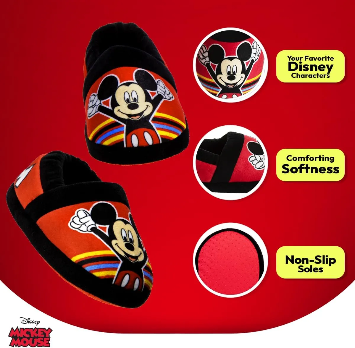 Disney Boys’ Mickey Mouse Slippers – Cozy Plush Fuzzy Slippers: Non-Slip, Non-Skid Slippers for Boys (Toddler/Little Kid)