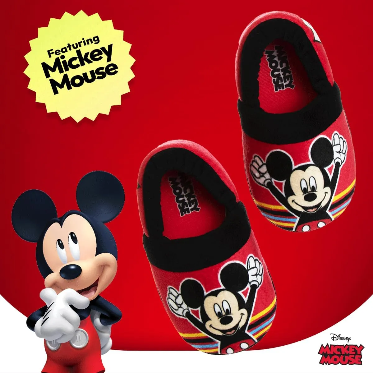 Disney Boys’ Mickey Mouse Slippers – Cozy Plush Fuzzy Slippers: Non-Slip, Non-Skid Slippers for Boys (Toddler/Little Kid)