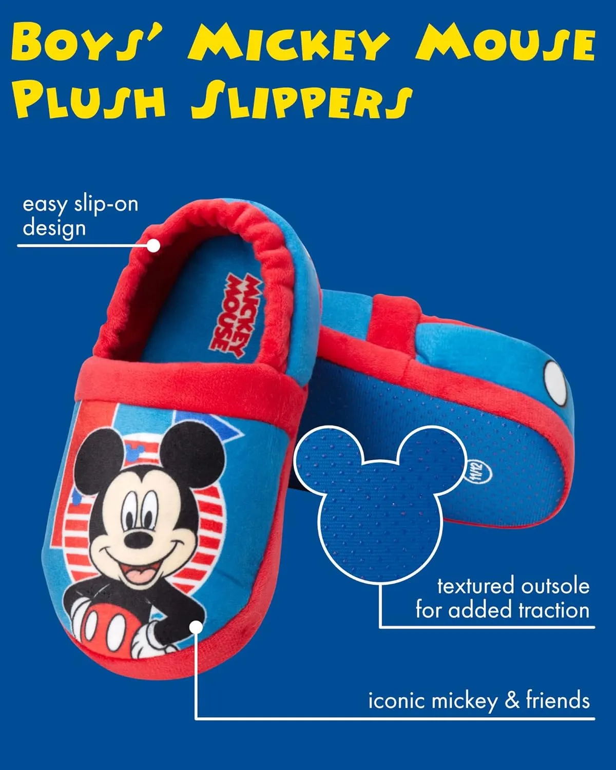 Disney Boys’ Mickey Mouse Slippers – Cozy Plush Fuzzy Slippers: Non-Slip, Non-Skid Slippers for Boys (Toddler/Little Kid)