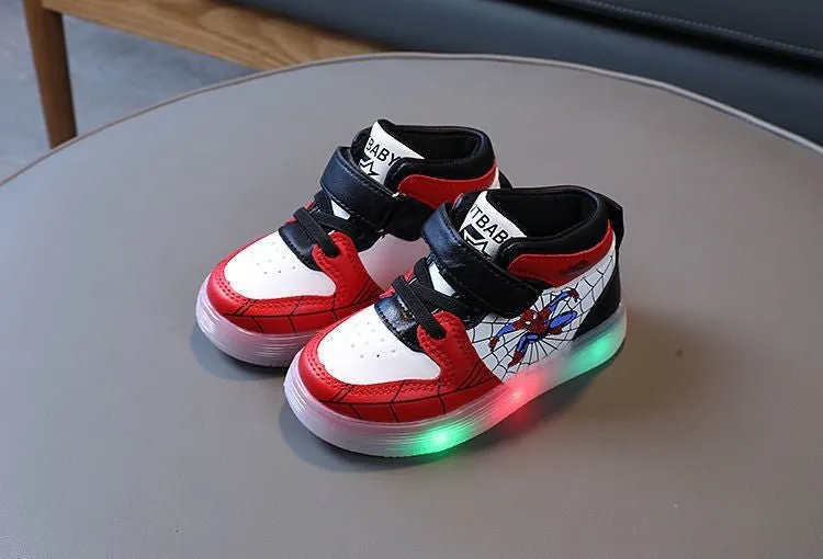Disney LED Light-Up Sneakers – Spiderman & Cartoon-Themed Breathable Sports Shoes for Kids