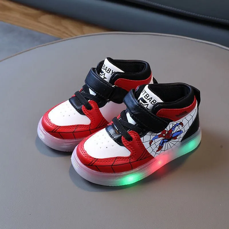 Disney LED Light-Up Sneakers – Spiderman & Cartoon-Themed Breathable Sports Shoes for Kids