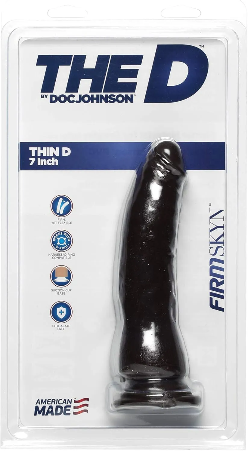 Doc Johnson The D - Thin D - 7 Inch - FIRMSKYN - 7" Long and 2" Wide - Strong Suction Cup Base - O-Ring Harness Compatible Dildo - for Adults Only, Chocolate