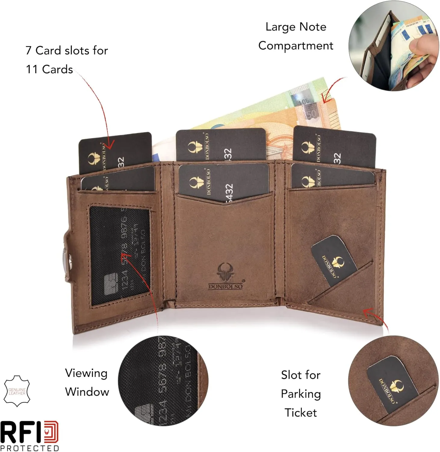 DONBOLSO Wallet NextGen I Modern Slim Wallet without Coin Pocket I Trifold Purse with RFID Protection I Up to 11 Cards I Genuine Leather Credit Card Holder for Men and Women I Vintage Brown