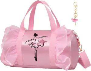 Dorlubel Cute Ballet Dance Bag Gym Travel Duffle Bag for Girls Tutu Dress Bag with Key Chain for Girls (Pink2 of Long Mesh)